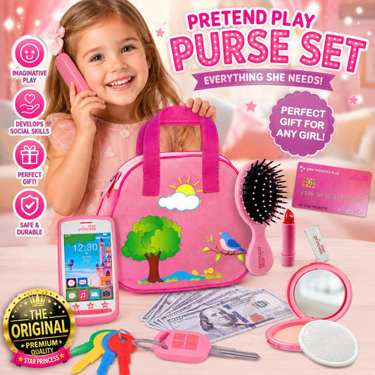 Play Purse for Little Girls with Accessories, Purse Toys for Girls with Pretend Play Makeup, Keys, Fake Smartphone, Dress Up Toy Purse for Kids - Excellent Birthday Gift for Little Girls