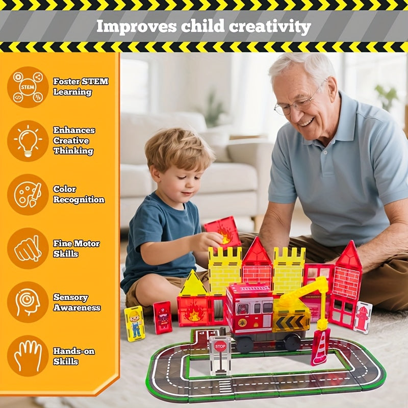 Children's Magnetic Tile Toys, Featuring A Fire Truck And Fire Station, Buildings, Roads, Cranes And Car Toys., Educational Toys, Transportation Toys, Young Builders