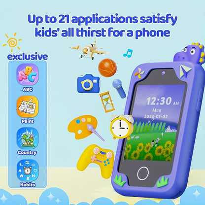 Fun Explorer Phone - 8GB HD Touchscreen Dual Camera Cell Phone With Dinosaur Design, Kids Toy Phone, Educational Travel Toy, Birthday Halloween Christmas Gift For Boys And Girls