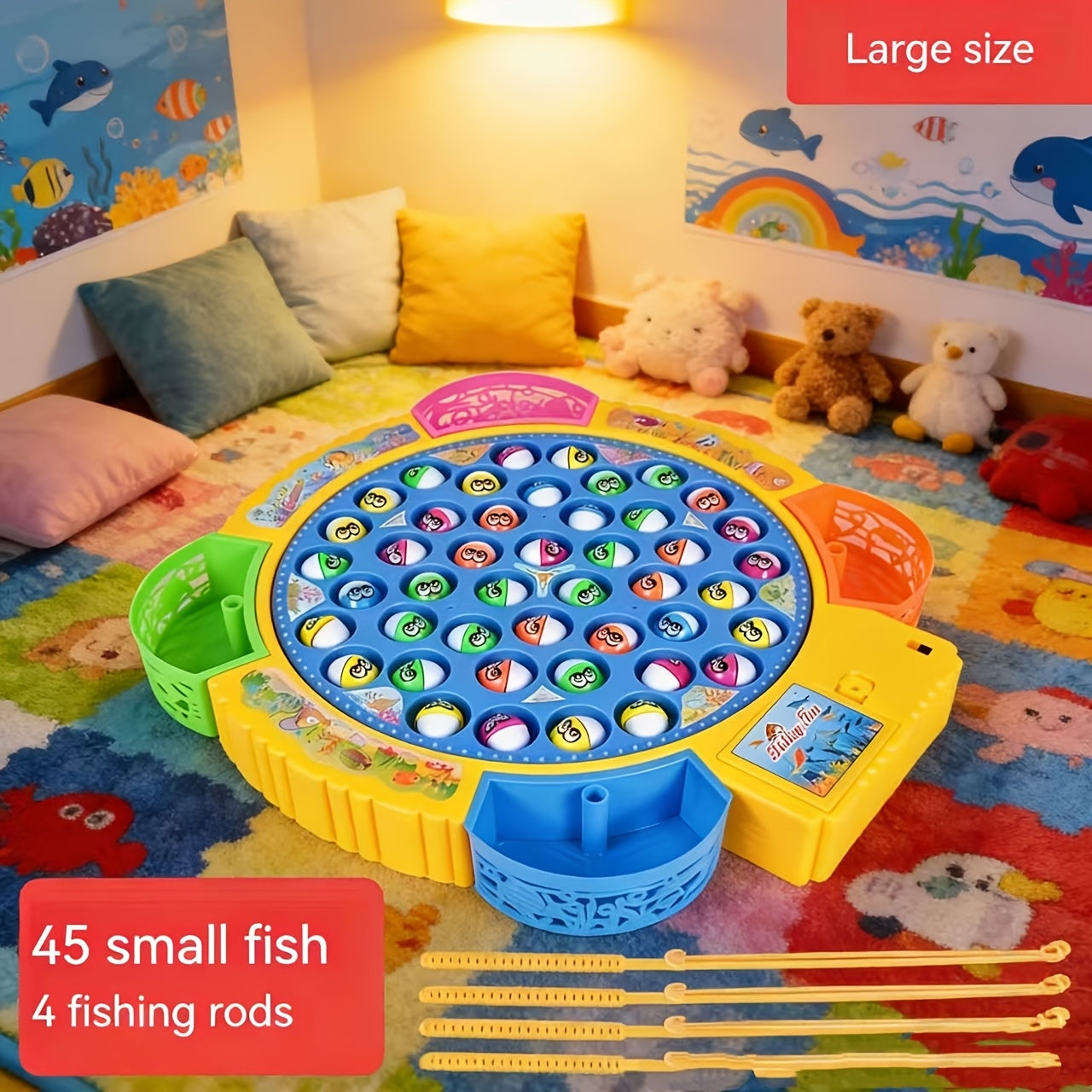 Building Blocks Set Electric Fishing Game Toy for Kids, Musical Rotating Fishing Board with Colorful Fish, Interactive Family Game, Educational Toy for Girls Ages 3+