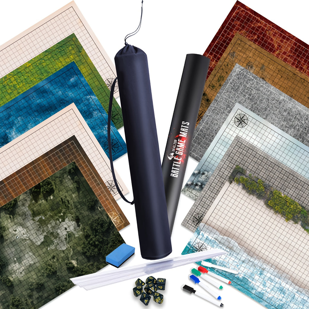 Battle Map, With Dice Accessories, Shoulder Bag, 3 Pack 6 Terrain 24x36, 1 Inch Grids Dry Erase Battle Mats, Lay Flat Easier Clips, Double-Sided DM Tool For Dungeons Role Playing Tabletop Game, 5e, Pathfinder & TRPG Board Games