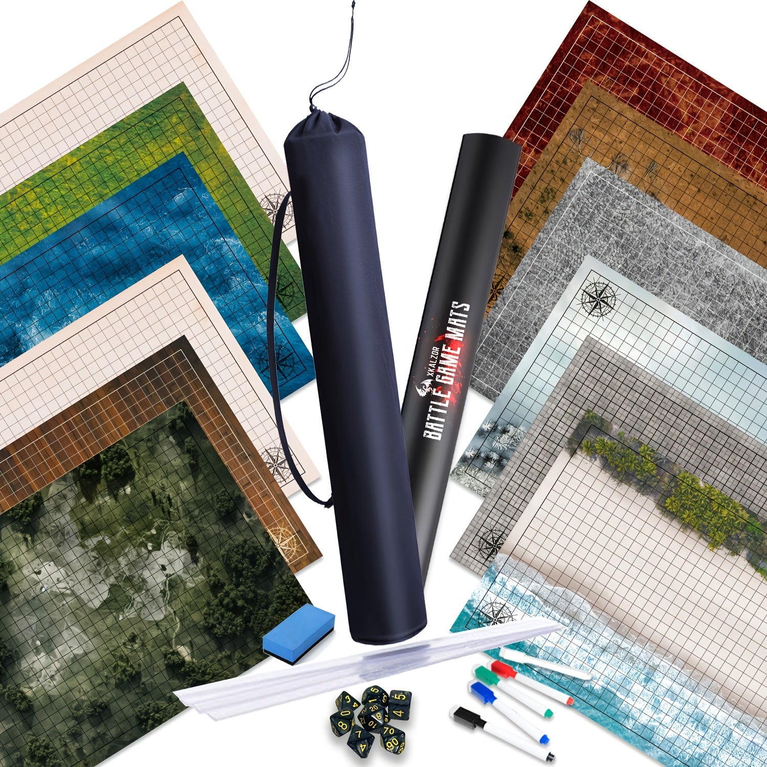 Battle Map, With Dice Accessories, Shoulder Bag, 3 Pack 6 Terrain 24x36, 1 Inch Grids Dry Erase Battle Mats, Lay Flat Easier Clips, Double-Sided DM Tool For Dungeons Role Playing Tabletop Game, 5e, Pathfinder & TRPG Board Games
