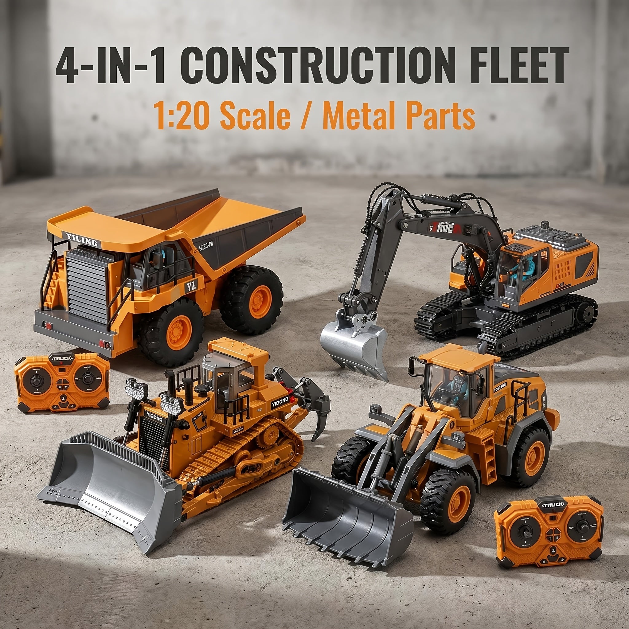 2pcs/3pcs/4pcs Set Remote Control Engineering Vehicle Set, 2.4G High-Tech 11-Channel Remote Control Excavator Dump Truck Bulldozer Alloy Plastic Engineering Vehicle Remote Control Construction Toy Car Set-Lingkun