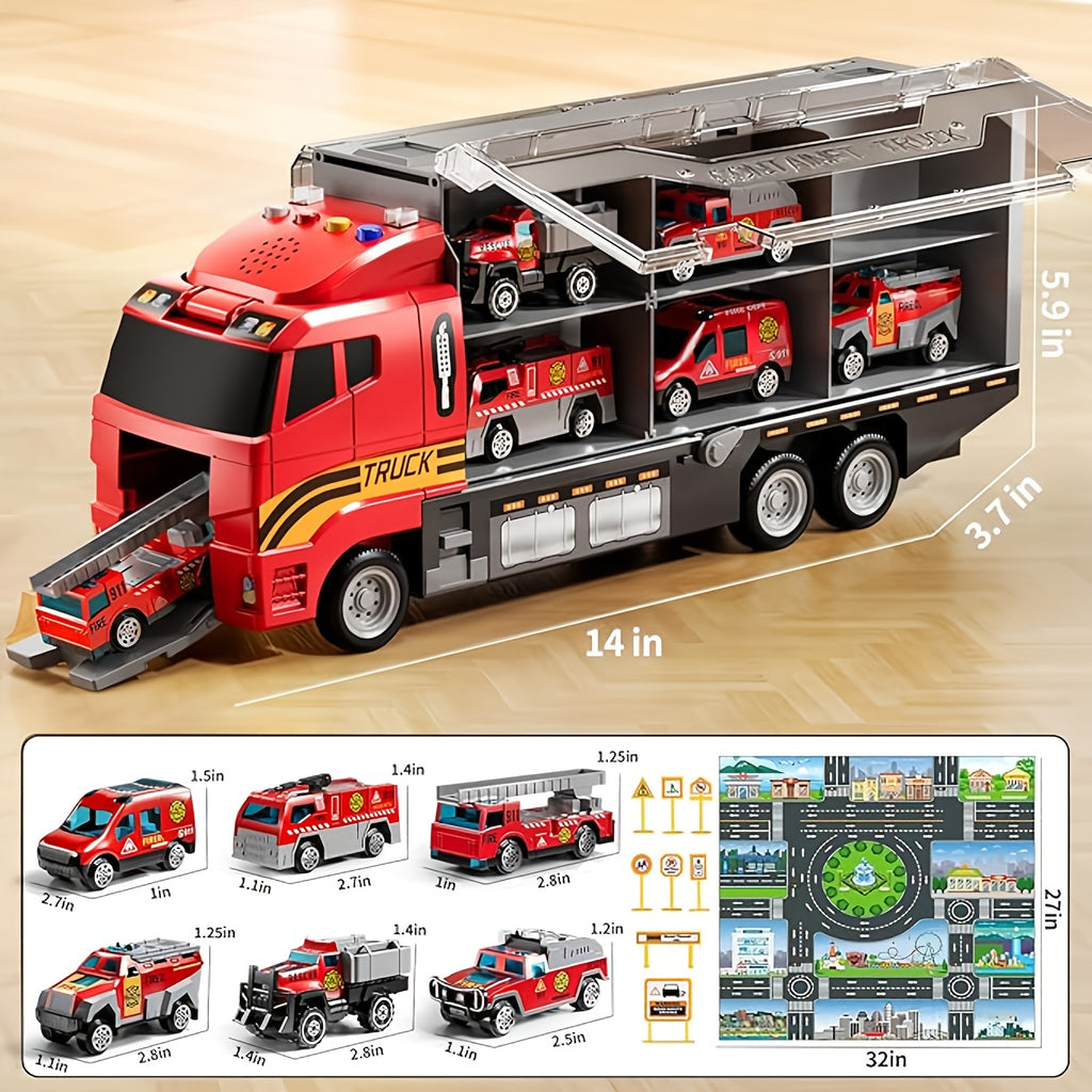 Toy Fire Truck Set Including a Play Mat, Carrier Truck Toys Designed for Children, a Die-Cast Metal Car Collection, Perfect As a Christmas Or Birthday Gift for Boys And Girls Aged 3 to 6 Years And Older