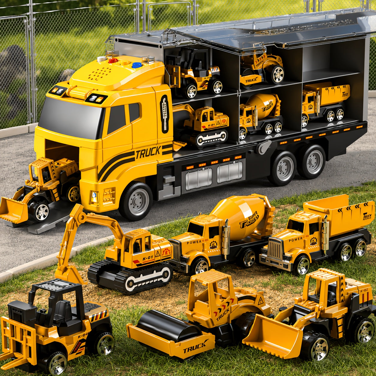 [Christmas Birthday Gift] HOME 13-in-1 Construction Truck Vehicle Toy Set with Die-Cast Cars & Play-Mat, Transport Carrier Truck Toy Set for Aged 3+, Christmas Birthday Gift [Random Color Of Accessories