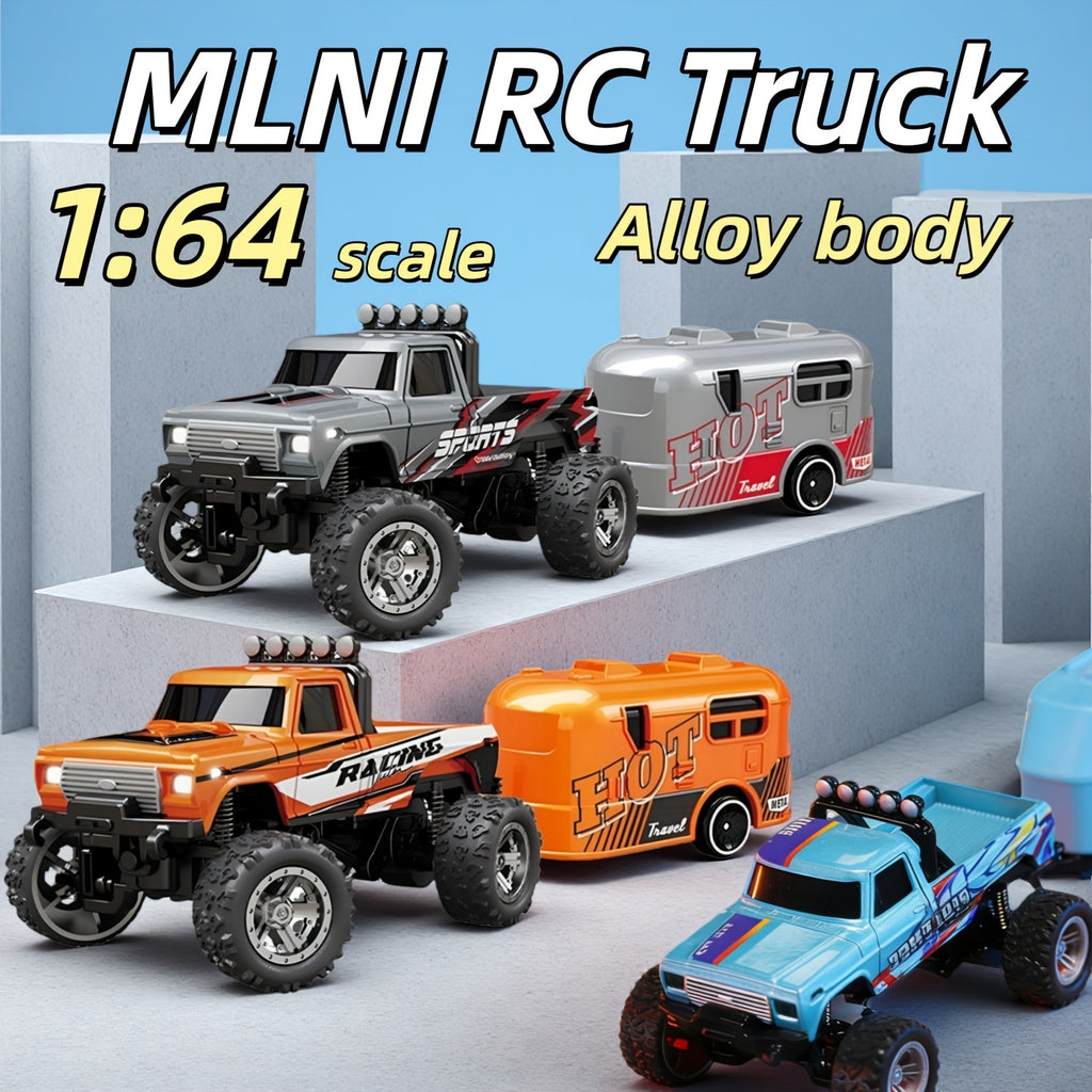 Small Die-Cast Remote-Controlled Vehicle, 1/64 Scale Mini RC Off-Road Truck with a Trailer, 2.4Ghz Climbing Vehicle, Rechargeable Die-Cast Mini RC Car with Lights, Adjustable Speed And Steering, Pocket-Sized Toy, Palm-Sized Toy