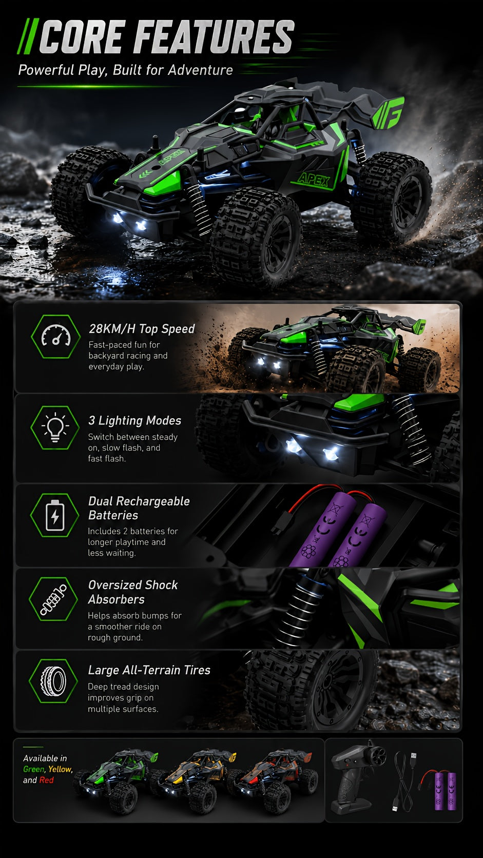 High-speed Remote-controlled Car, Four-wheel-drive Off-road Remote-controlled Truck, 1:20 Scale All-terrain Remote-controlled Off-road Vehicle with LED Headlights, 2.4GHz Radio-controlled Monster Truck, Amateur-grade Remote-controlled Car