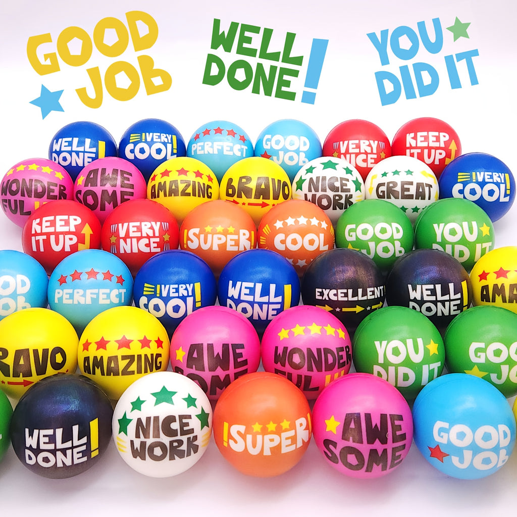 24 Pack Multicolor Motivational Squeeze Balls Suitable for Classroom, Office, Team Building - Soft Squertzy with Positive Affirmation Slogans, Prizes & Rewards (24pcs, 2.48inch)