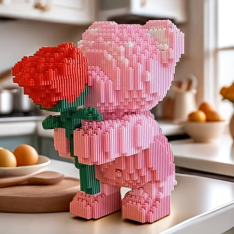 4051pcs of the rose bear, a romantic bear holding a rose, suitable for gifts, a great choice for couples and parents, high assembly difficulty