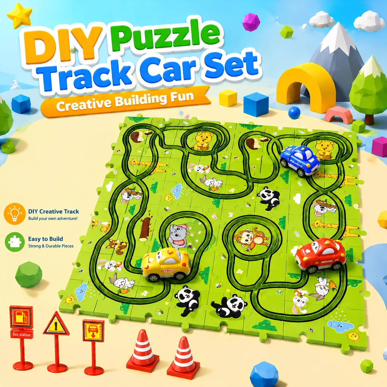 39pcs/ 56pcs/ 73pcs Jigsaw Puzzle Race Track Car Set Toys, Puzzle Tracks Car Toys Gifts for Boys Kids