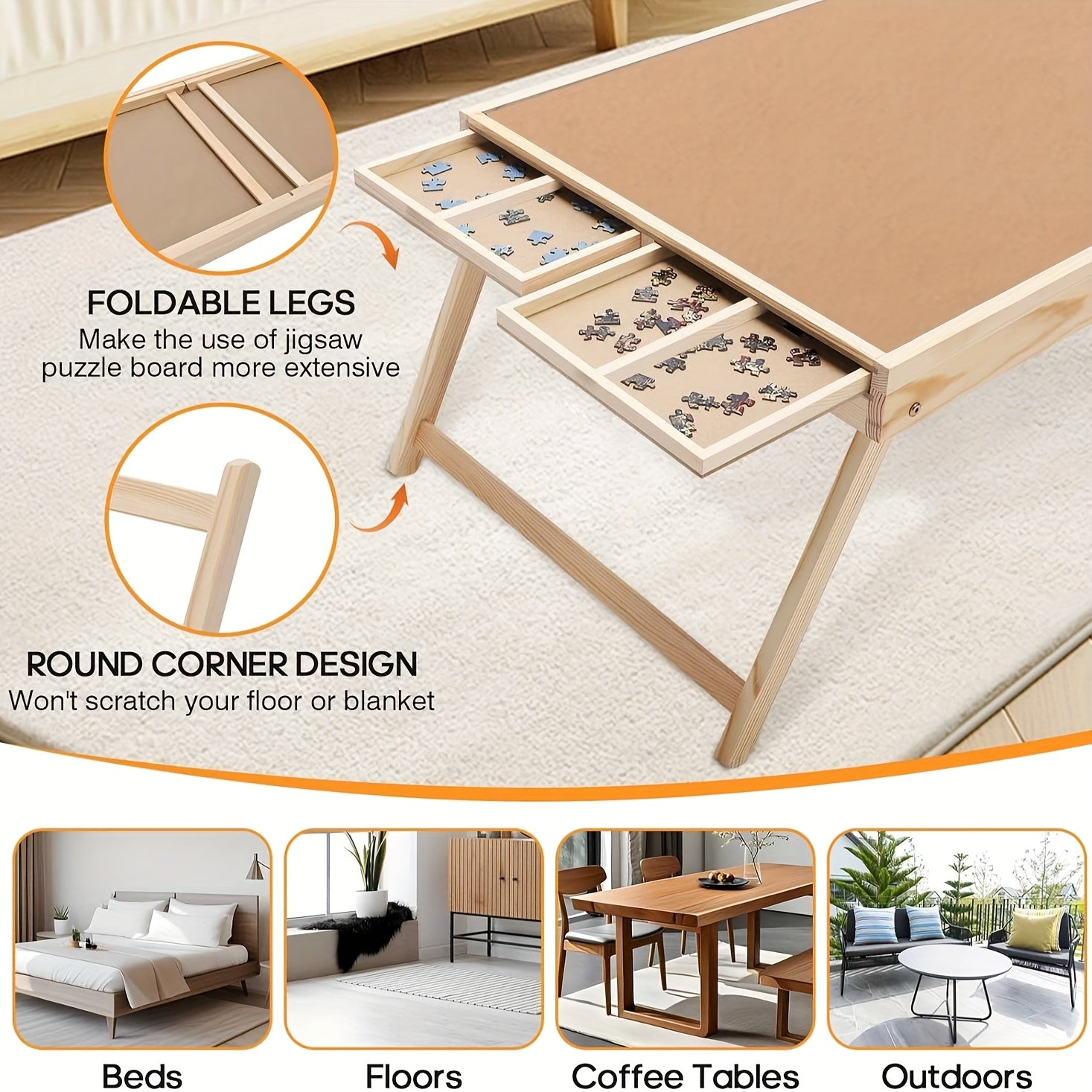 Puzzle Table with Folding Legs, Wooden Puzzle Table with 4 Drawers And 16 Grids, Portable Enlightenment Board for Storage And Sorting - 1000pcs Puzzle Table School Supplies