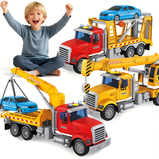 Kids Toys for 3 4 5 6 Boys, 13"Tow Truck Toy, Friction Powered Transport Truck Crane Toy with Lights And Sounds, Birthday Gifts for Boy Child