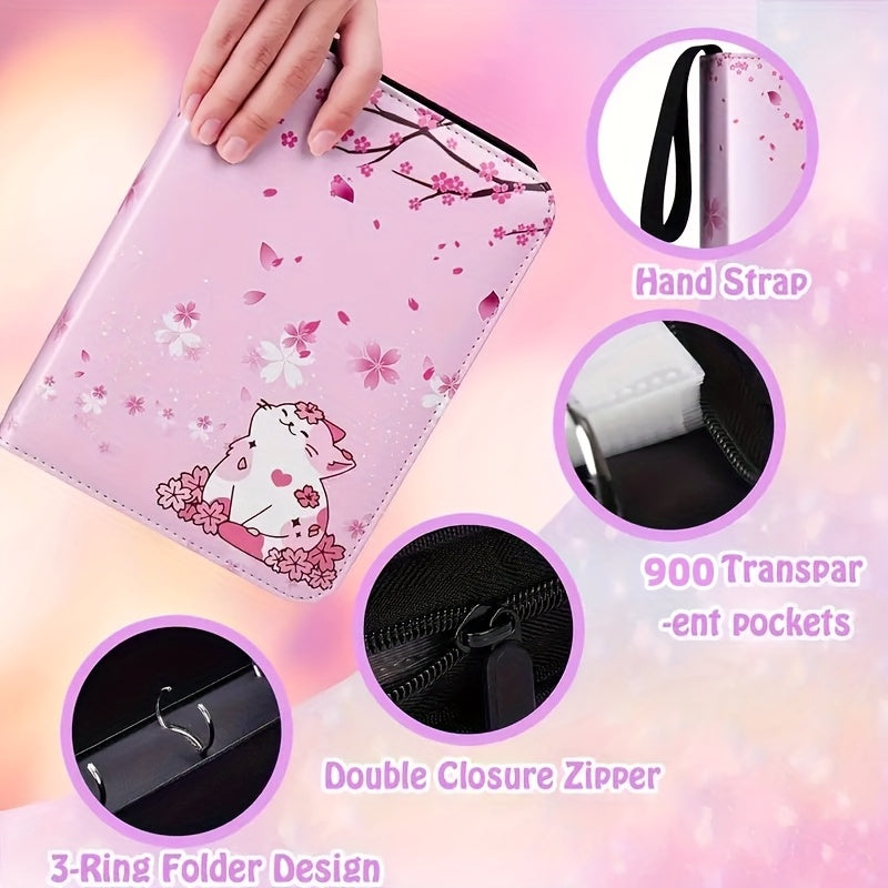 900 Pocket Zippered Collector's Album with Floral Design,- Premium PU Leather Trading Card Binder. Pink Cherry Blossom & Cat Illustration, Waterproof & Durable for Sports And Trading Game Cards