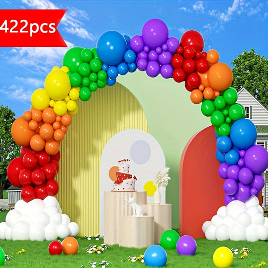A Set of 422 Rainbow Balloon Arch Components in Various Colors And Sizes, Including 18, 12, 10, And 5 Inches, Featuring Matte Latex Balloons Ideal for Decorating Showers, Birthdays, And Weddings