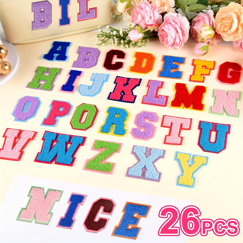 26pcs Self Adhesive Letter Patches Chenille Letters Stickers, A-Z Embroidered Applique Patches Alphabet Cloth Patch for Clothes, Bags, Hat, Phone Case, DIY Accessories