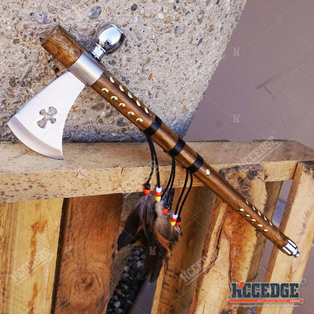 19" Native American Indian Hatchet Tomahawk w/ Non-Functional Peace Pipe Southwestern Style Replica Axe Display with Stainless Steel Bowl & Wooden Handle - Wrapped Shaft with Feather & Brass Accents - Decorative Hatchet Collectible for Western Decor & Cul
