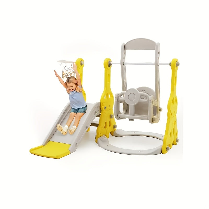 [Indoor Outdoor Playground] Slide and Swing Set 4in 1 Slide Climber Playse with Swing Slide Climber and Basketball Slide and Swing Set Indoor Outdoor Backyard Playground Toy (Yellow)