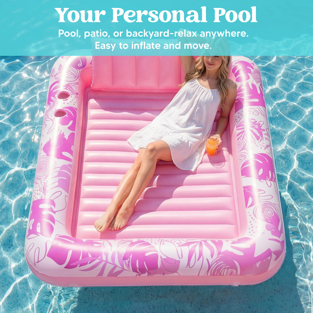 SYNCFUN Inflatable Tanning Pool Lounger Float, Extra Large Pool Floats Adult with Pillow, 4 in 1 Suntan Tub Raft Floatie, Sunbathing Bed Lounge Blow Up Ball Pit Party Gifts, Hot Pink