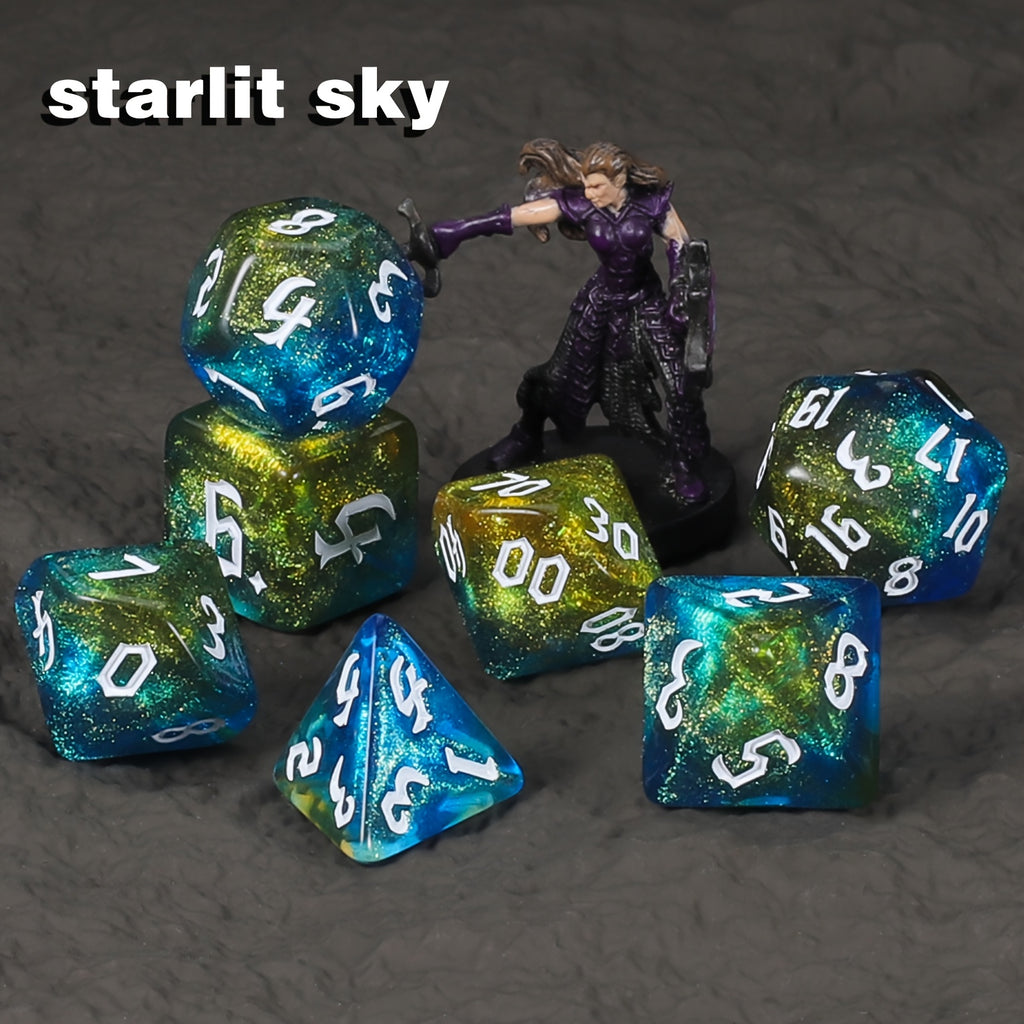 84pcs Starry Night Glitter Polyhedral Dice Set with Dice Pouch/Tray, for D&D RPG MTG Roleplaying Tabletop Game, Great Dice Collection/gift for Halloween& Christmas& Easter& Gaming