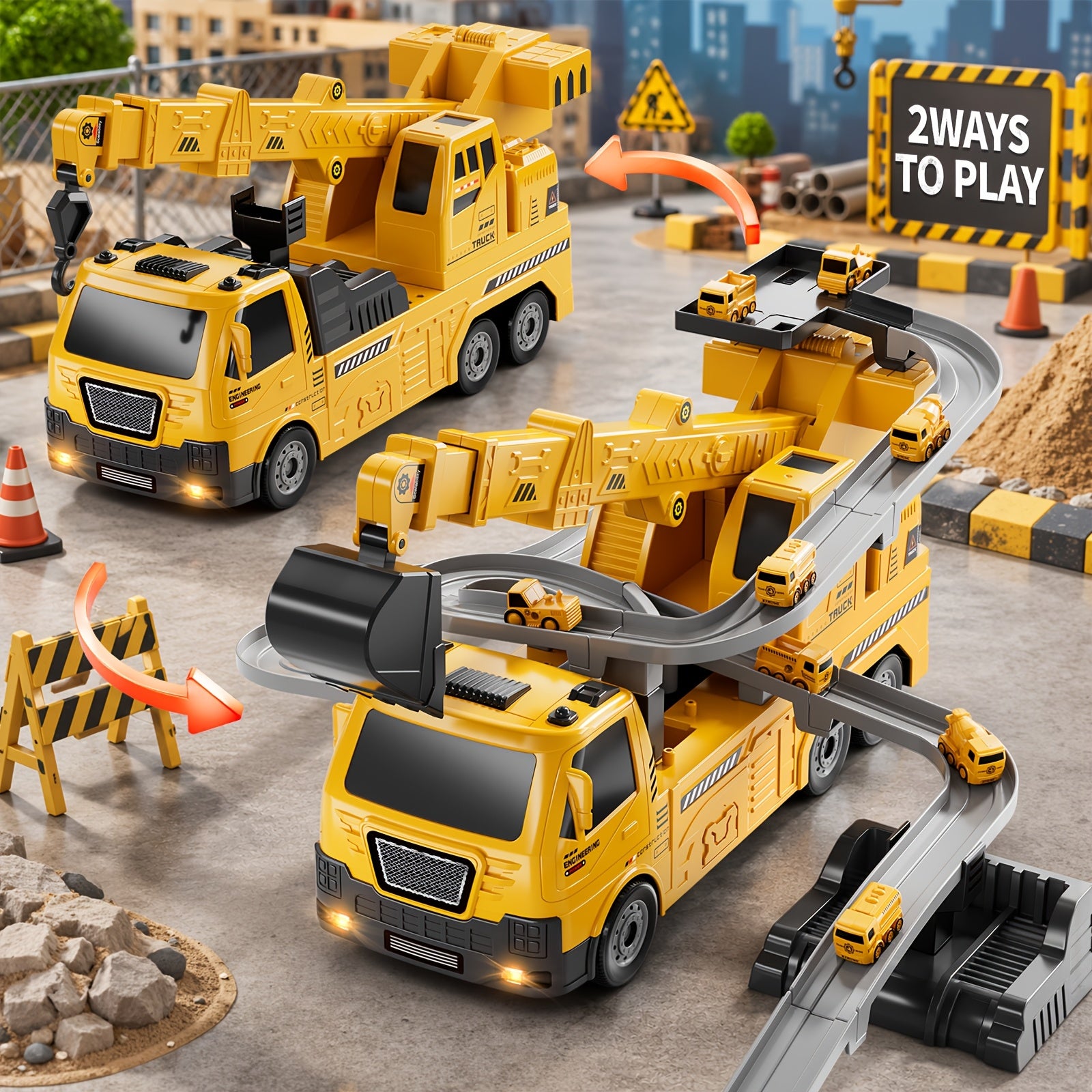 [Birthday Christmas Easter] BABY HOME 3-In-1 Crane & Excavator & Cars Racing Track Play Set for Aged 3+, Construction Vehicle Toy with Light & Sound, Birthday Christmas Easter Holiday Toy Gift