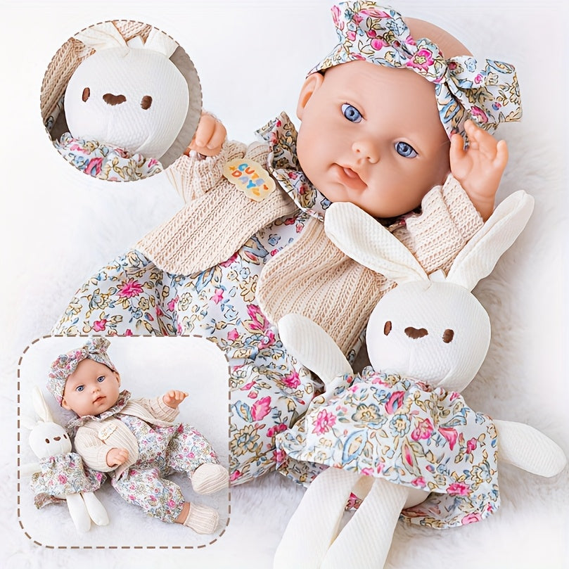 12 Inch Realistic Vinyl Doll Set, Including 1 Doll, 1 Set Of Floral Clothes, 1 Headscarf, 1 Pair Of Socks, 1 Toy Rabbit, And 1 Rabbit Skirt, Children's Toys, Suitable for Dress Up Games, Birthday Gifts, Game Gifts, Holiday Gifts, Realistic Reborn