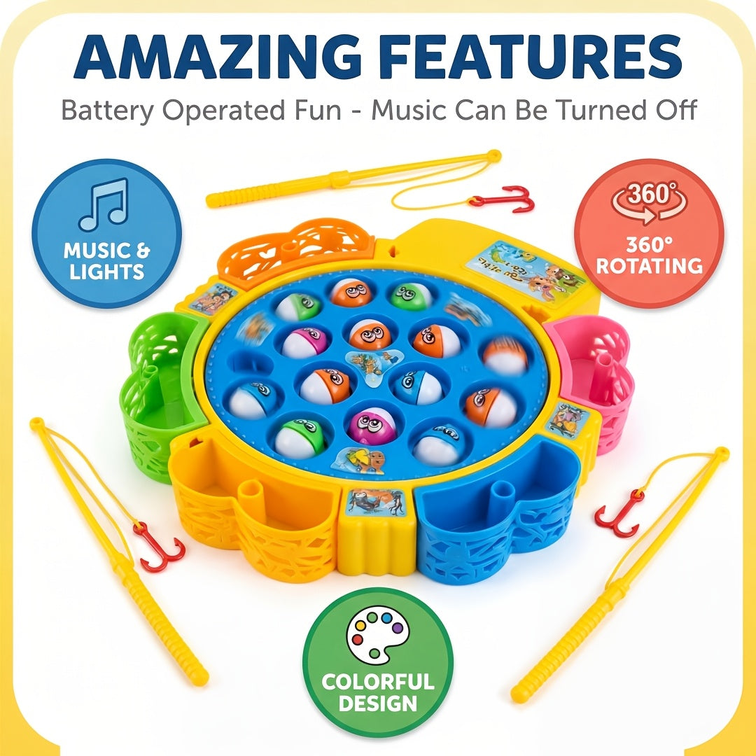 Building Blocks Set Electric Fishing Game Toy for Kids, Musical Rotating Fishing Board with Colorful Fish, Interactive Family Game, Educational Toy for Girls Ages 3+