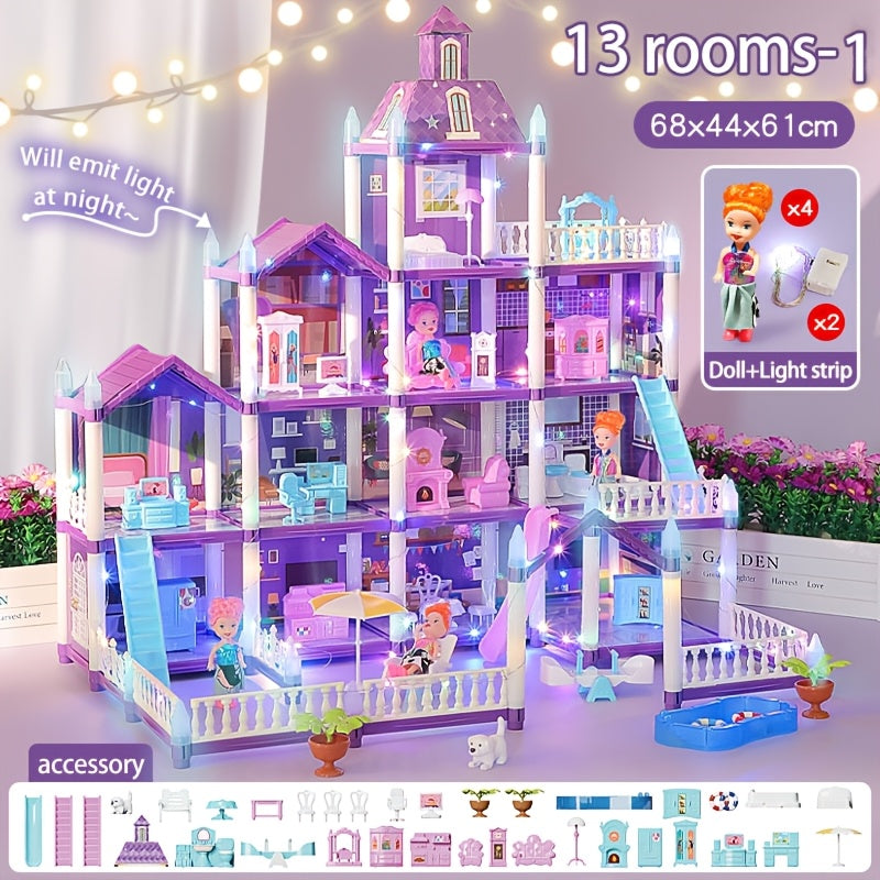 A Dollhouse Designed for Girls, Featuring 11 Rooms, Doll Figures, Puppies, Furniture, Additions, And LED Lighting, Making It an Ideal Playhouse Gift for Girls Aged 3 to 10