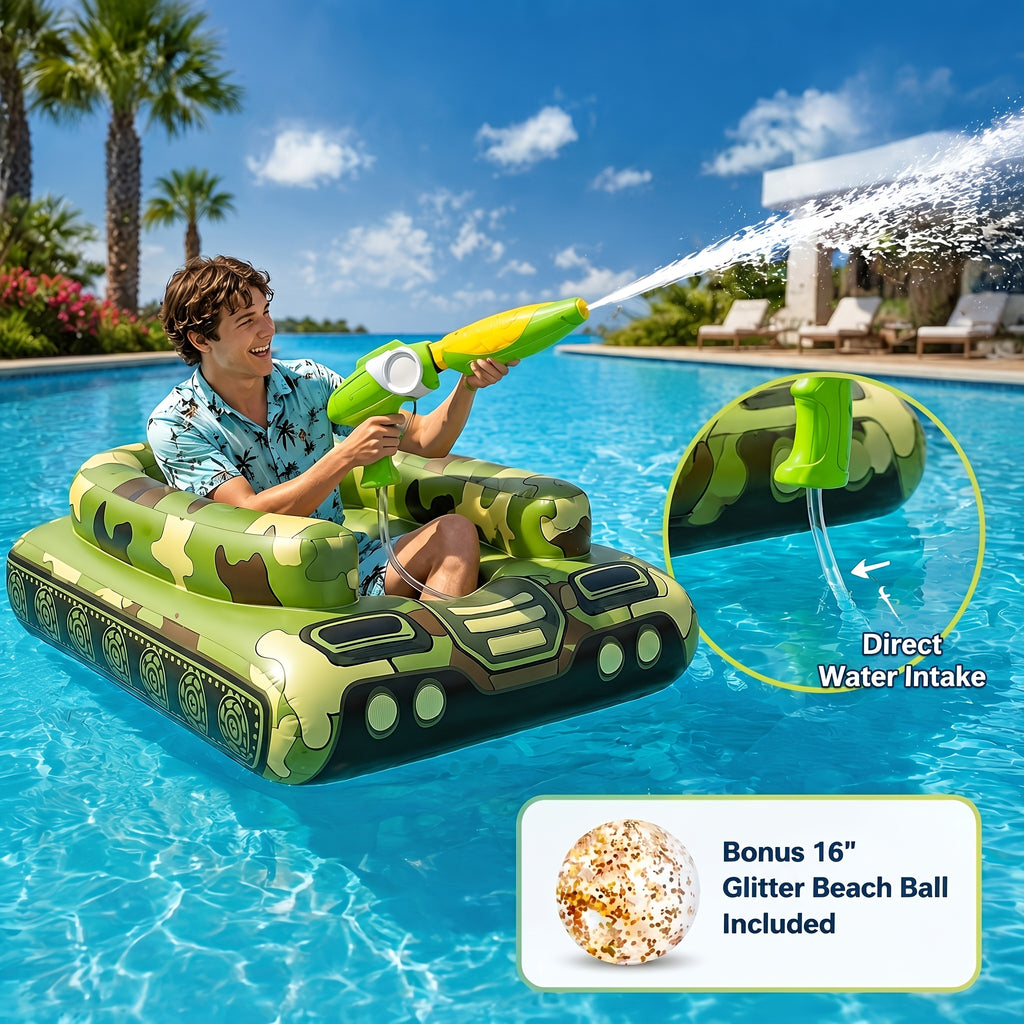 60-Inch XL Inflatable Pool Float, Ride-On Tugboat Raft with Built-in Sprayer, Heavy Duty PVC Floating Lounger, Includes 16-Inch Beach Ball, Splash Water System, Adult Swim Party Oasis, Durable Blow-Up Float for Lake Beach, Puncture-Resistant Mat