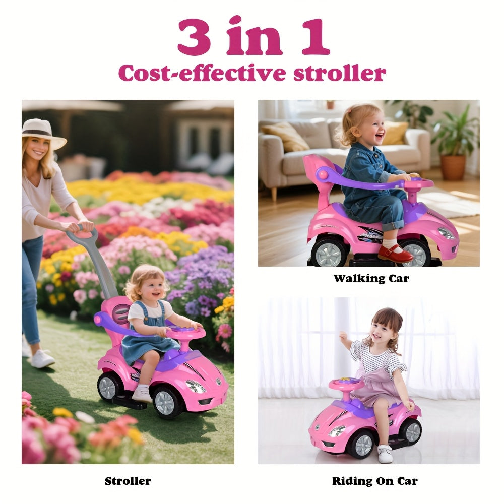 [Fun Playset] 3-in-1 Youngsters Playset: Pink Push, Ride & Walker Car | Safe & Fun for Indoor/Outdoor Play with Guardrail, Music & Under Seat Storage - Ages 18-36 Months