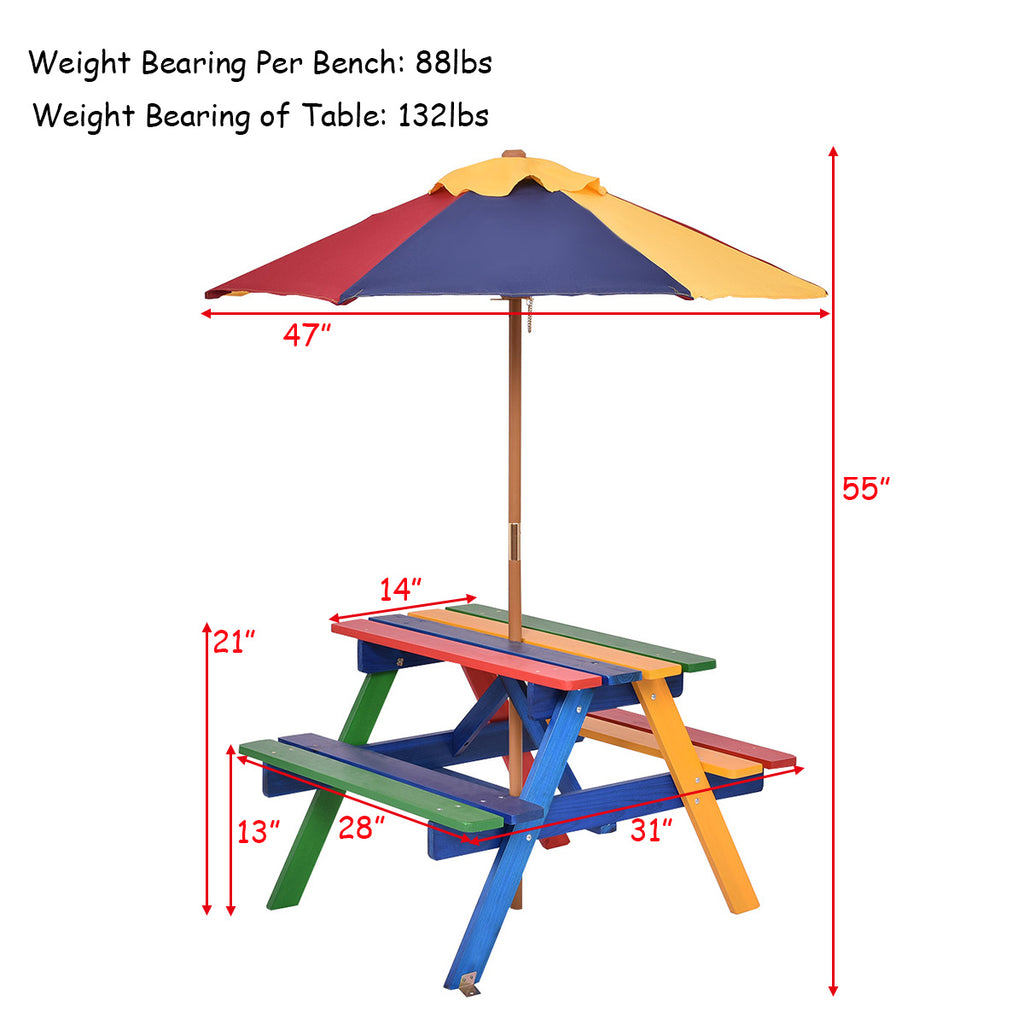 COSTWAY Kids Picnic Table Set, Wood Table and Bench Set with Removable & Foldable Umbrella, Stable Construction, Indoor Outdoor Picnic Table Bench Set for Toddlers, Great Gift for Boys & Girls
