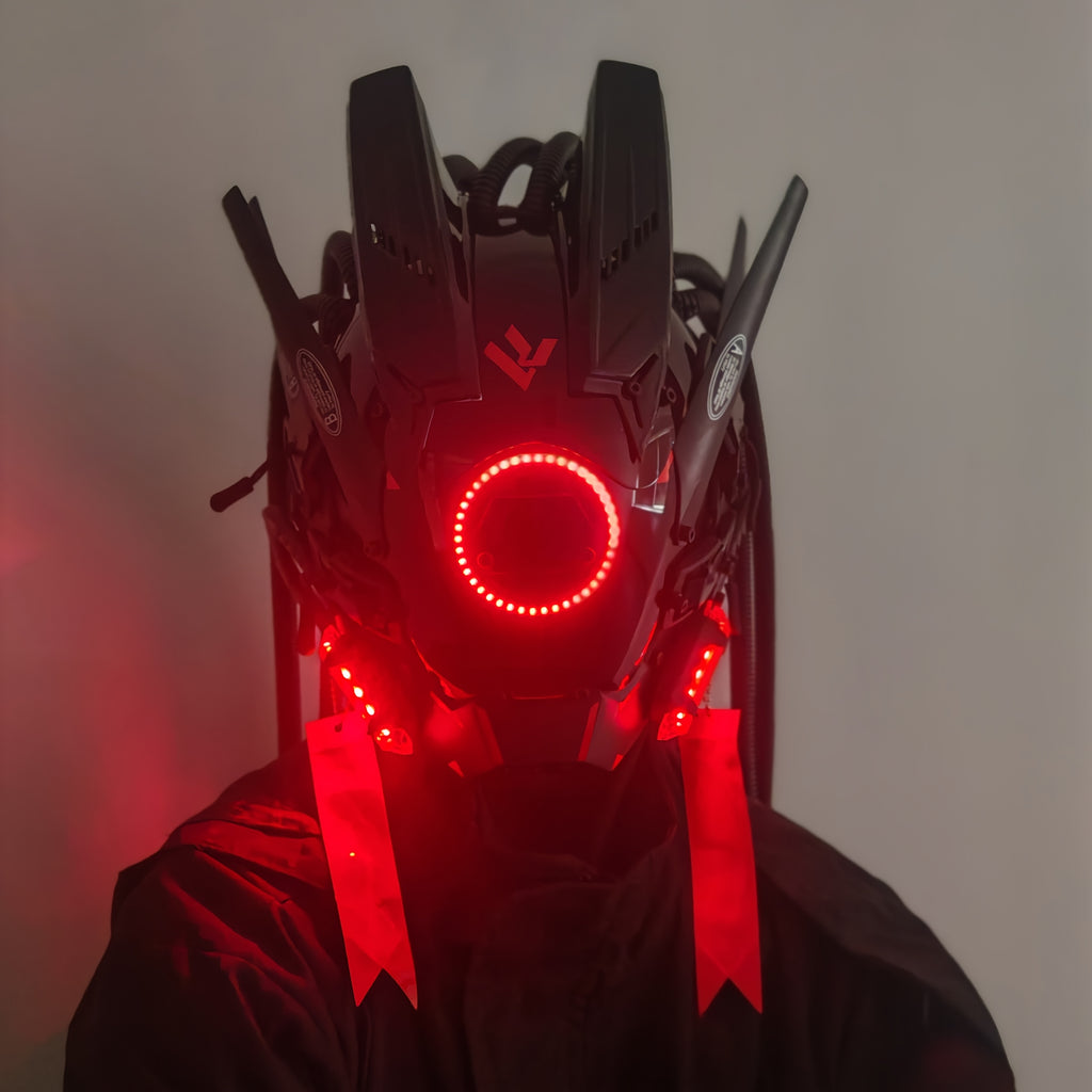 1pc Fashion Cool LED Punk Mask with Braids, Futurist Sci Fi Mechanical Mask Halloween Cosplay Samurai Mask Music Festival Party Cool Play Accessories Adult Gift