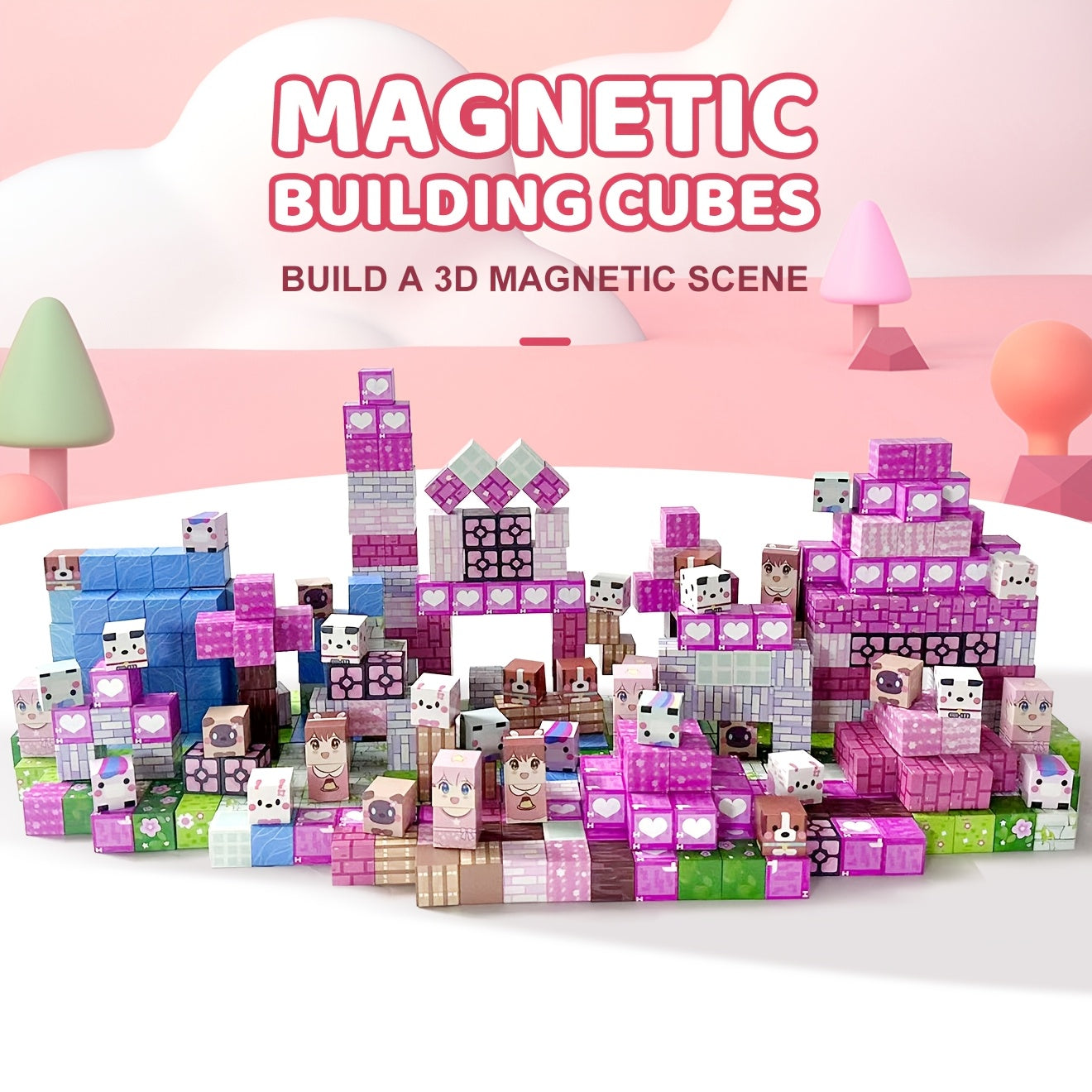 100pcs STEM Magnetic Building Blocks | Pink Forest Park Theme | 3D House, Trees & Character Cubes | Creative Construction Toy For Imaginative Play | Educational Gift For Kids | Birthday & Christmas Present
