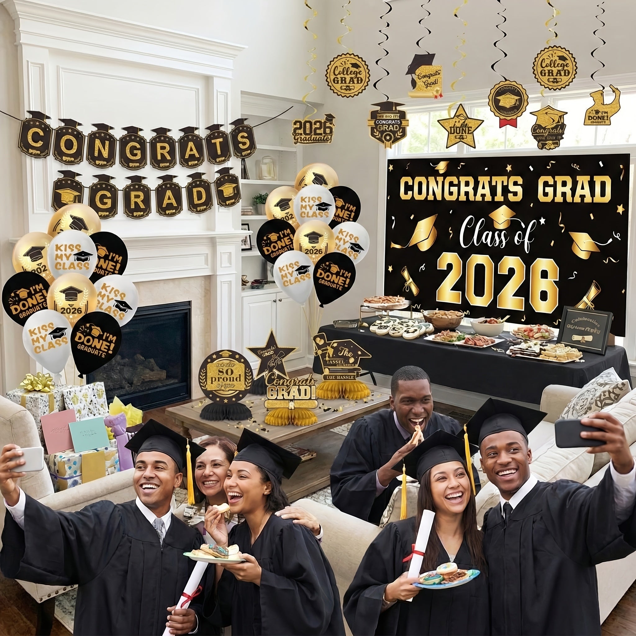 Graduation Decorations Class Of 2026, Golden Themed Graduation Decorations Set, Class Of 2026 Backdrop Banner, Graduation Hanging Swirl, Balloons And Honeycomb Supplies For Graduation Party