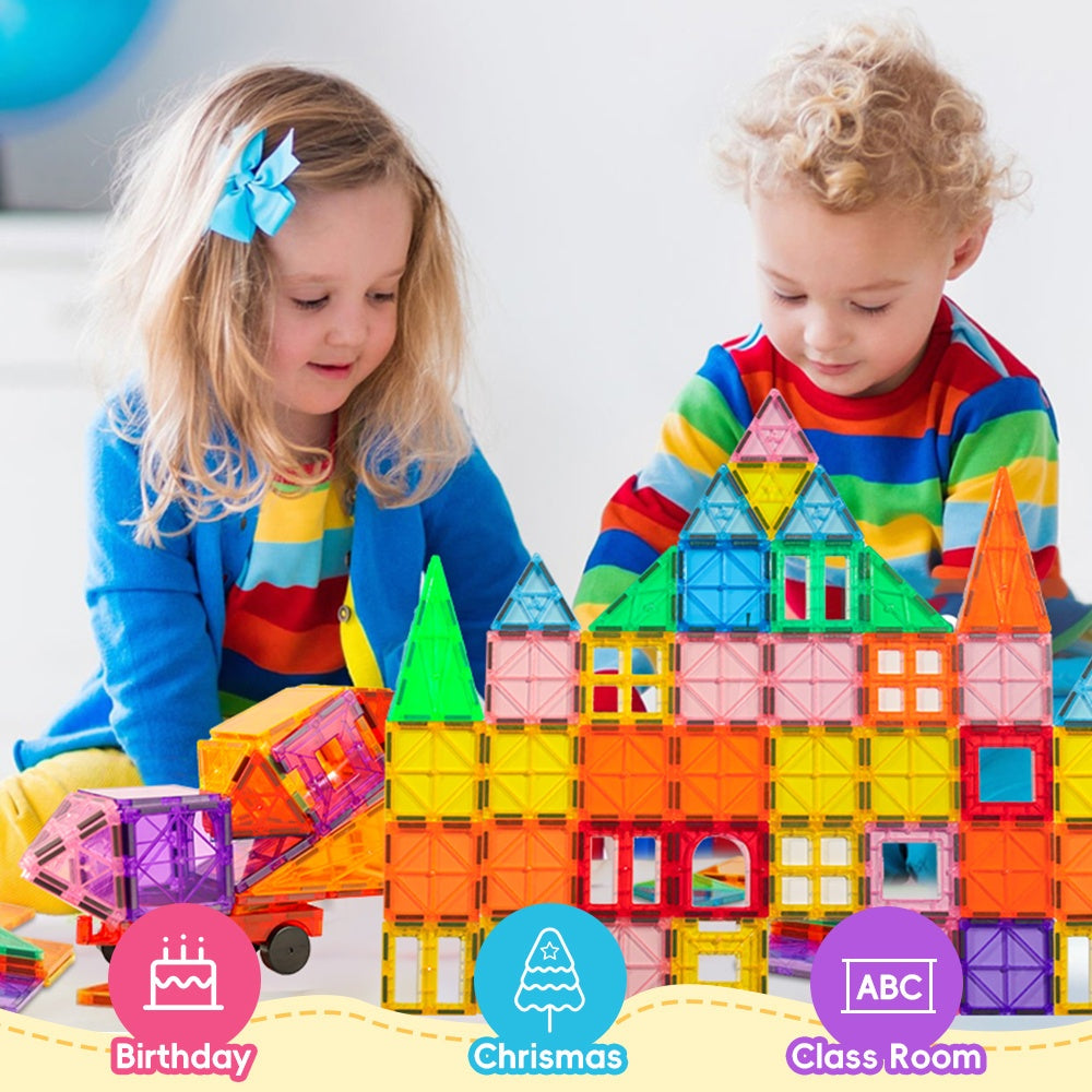 Magnetic Tiles 106pcs, 136pcs With 2 Cars, STEM Approved Educational Magnet Building Toys, Magnet Puzzles Stacking Blocks For Boys Girls, Best Birthday Christmas Gift For 3+ Years Old
