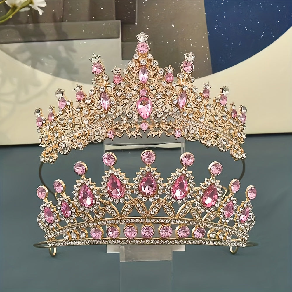 2pcs High-End Baroque Style Crowns with Pink Gemstones - an Elegant Headwear Suitable for Princess And Knight Themed Parties, Dances, And Celebrations