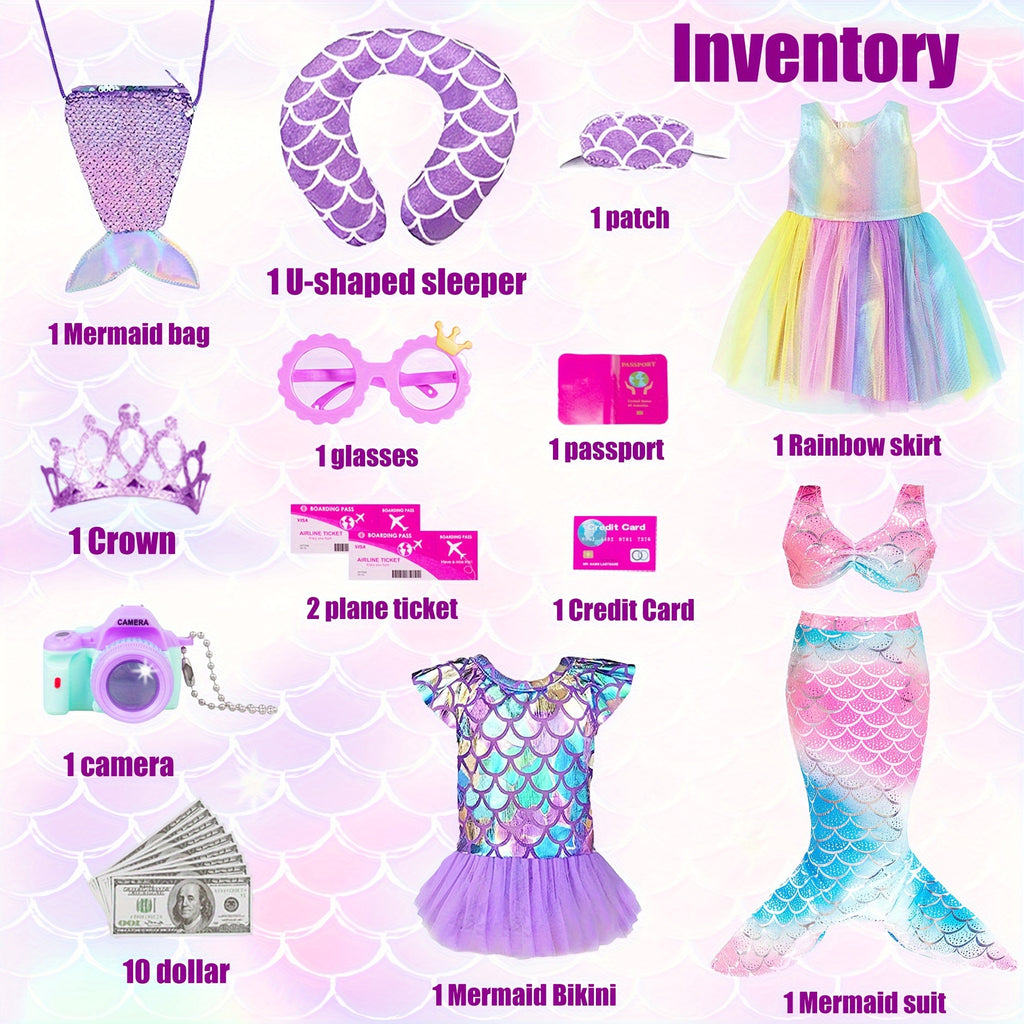 18 Inch Doll Clothes.(No Doll)And Accessories Mermaid Dress Luggage Case Travel Play Set Include Suitcase, Dresses, Bag, Camera, Glasses, Pillow, Eyeshade.Christmas Gift for Ages 3+