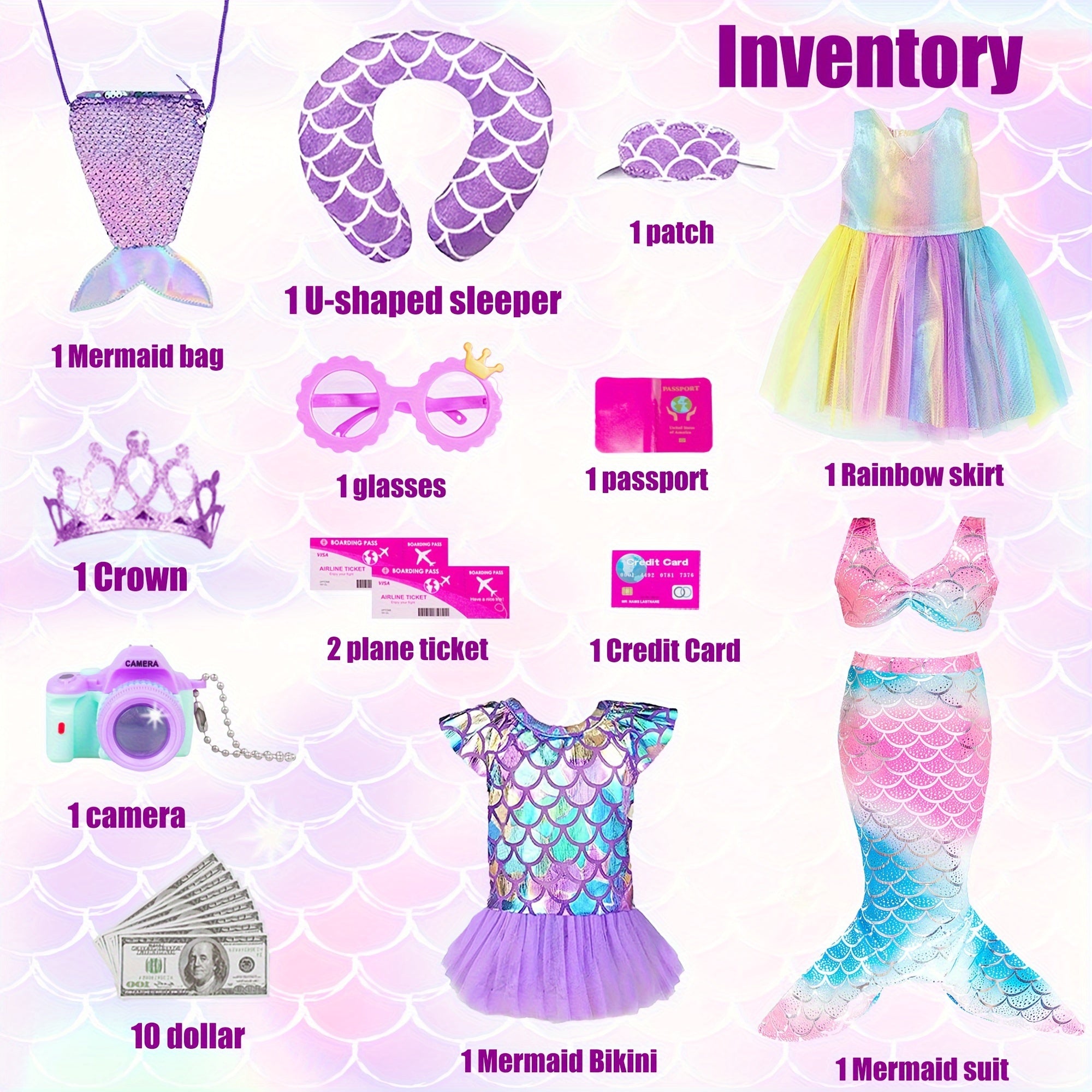 18 Inch Doll Clothes.(No Doll)And Accessories Mermaid Dress Luggage Case Travel Play Set Include Suitcase, Dresses, Bag, Camera, Glasses, Pillow, Eyeshade.Christmas Gift for Ages 3+