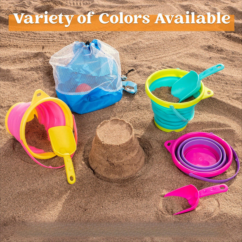 Foldable Beach Bucket Set - 3 Packs Collapsible Toy Buckets with Shovels and Mesh Backpack Party, Camping Gear, Travelling, Fishing Water Pail
