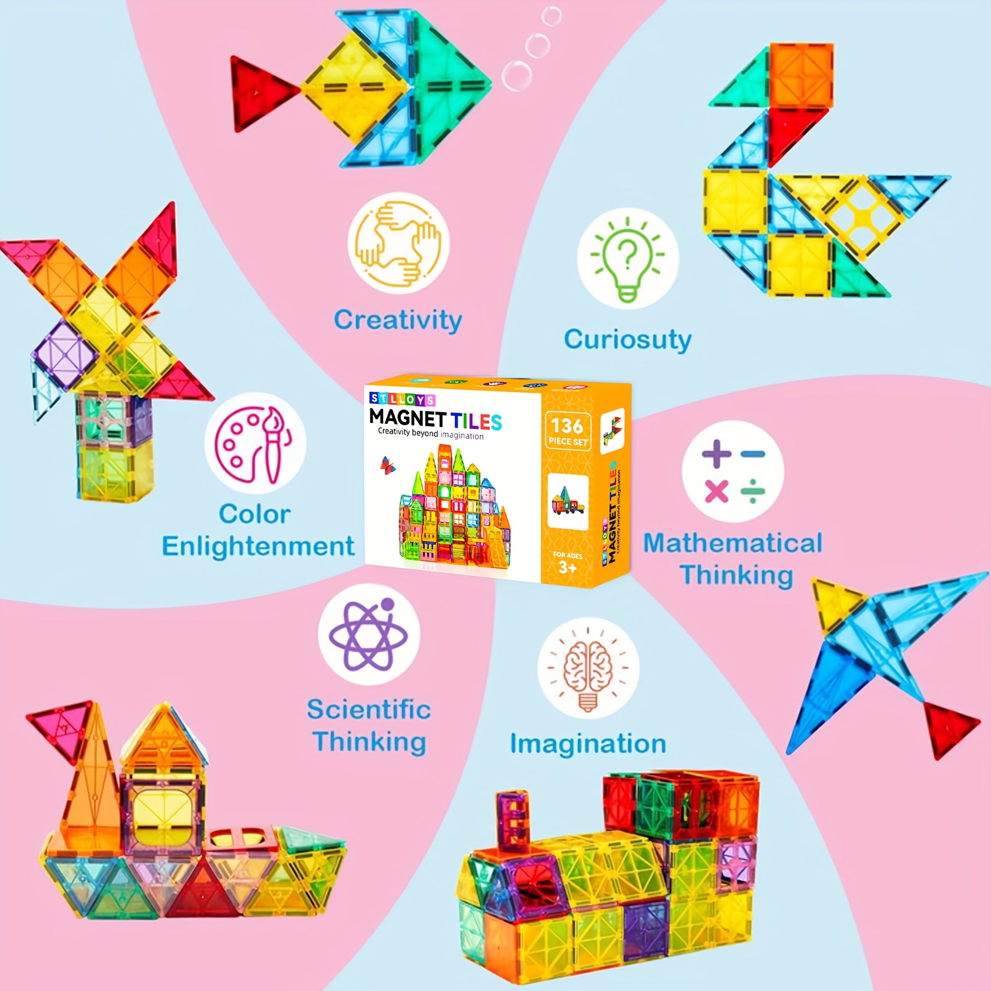 [Birthday Gifts] 80/106/136pcs Magnetic Tiles for Kids, Magnetic Building Blocks With 2 Cars, Magnet Tiles Construction Building Toys, STEM Sensory Toys Birthday Gifts Toys for Kids Boys Girls 3 4 5 6 7 8 9+ Year