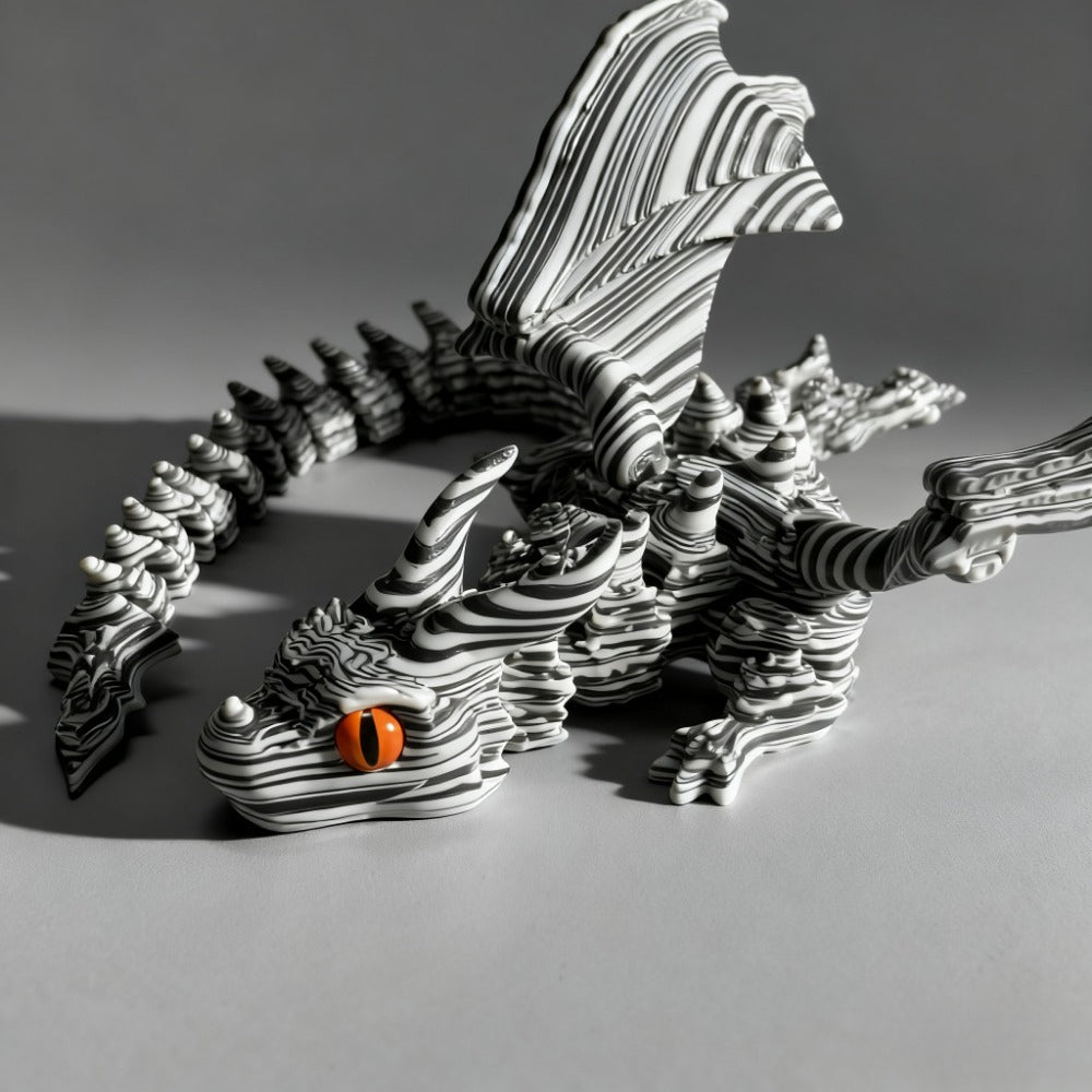 [3D Printed Dragon Statue] Cybernetic Dragon Statue, Random Eye Color - 3D Printed Black & White Swirl Figurine, Articulated Collectible Art for Desktop Display, Perfect for Teens 14+