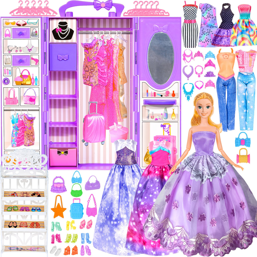 [Christmas Gift] Fashion 91pcs 11.5 Inch Girl Doll Clothes Additions And Closet, Princess Gowns, Fashion Dresses, Outfits, Swimsuits. Doll Dress Up Toys for Girls Kids Toddlers. Christmas Gift for Ages 3+