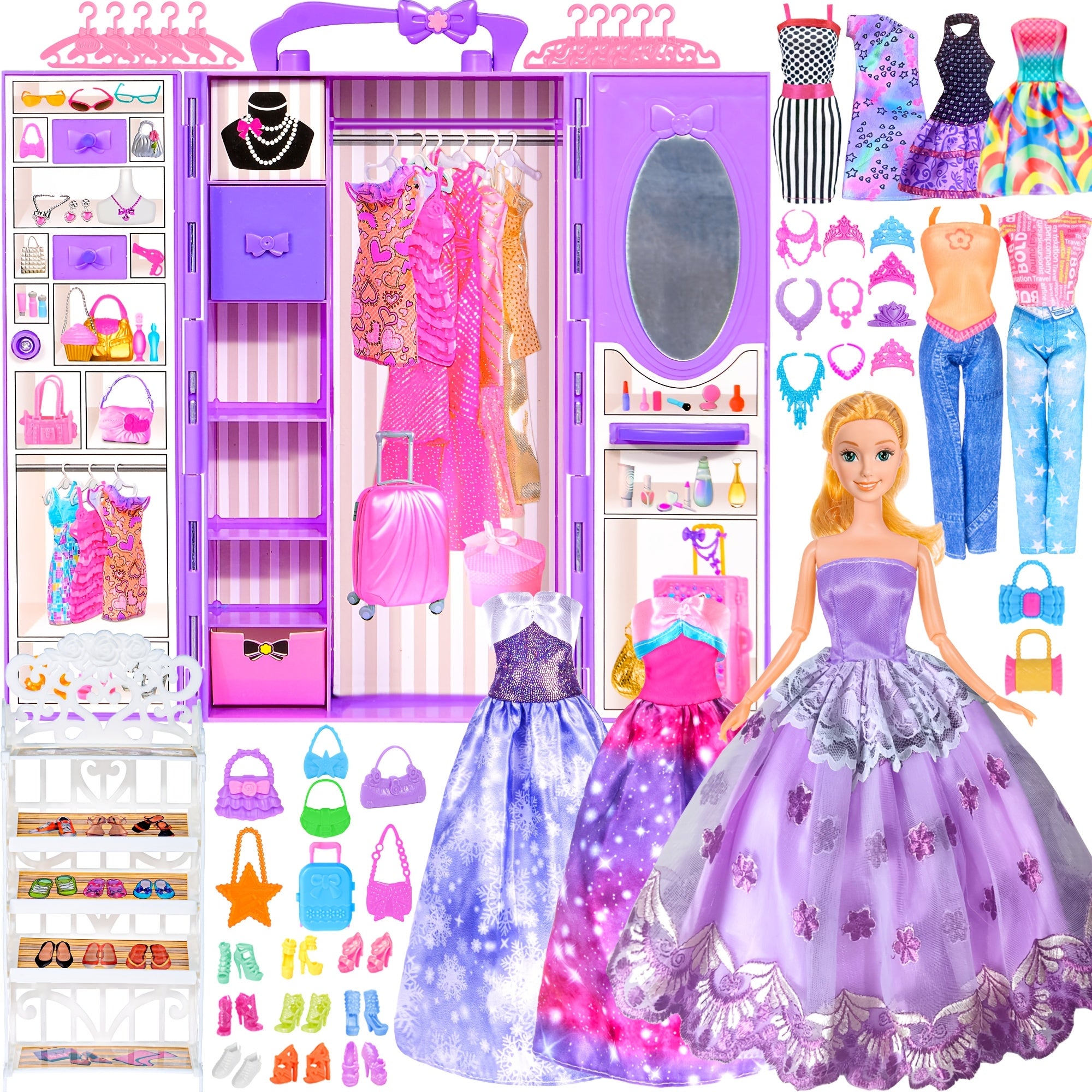 [Christmas Gift] Fashion 91pcs 11.5 Inch Girl Doll Clothes Additions And Closet, Princess Gowns, Fashion Dresses, Outfits, Swimsuits. Doll Dress Up Toys for Girls Kids Toddlers. Christmas Gift for Ages 3+
