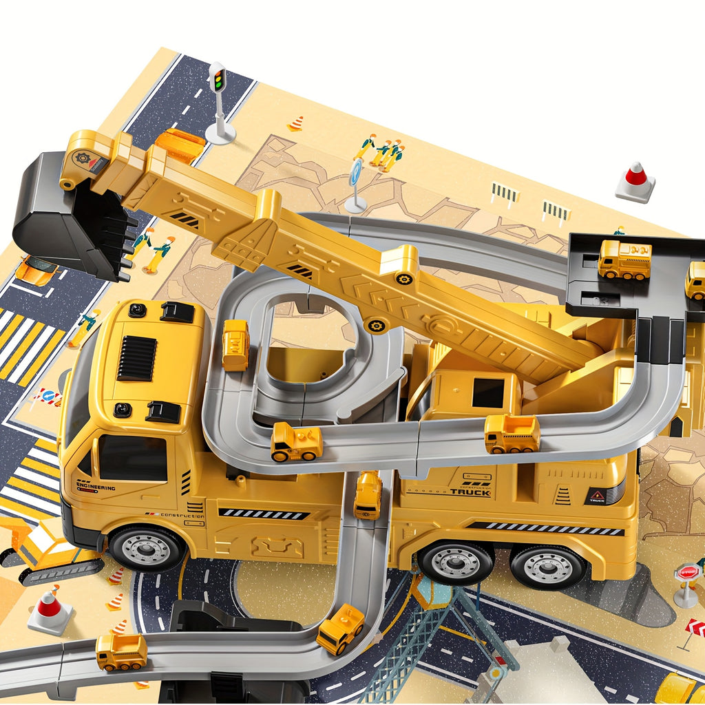 [Birthday Christmas Easter] BABY HOME 3-In-1 Crane & Excavator & Cars Racing Track Play Set for Aged 3+, Construction Vehicle Toy with Light & Sound, Birthday Christmas Easter Holiday Toy Gift