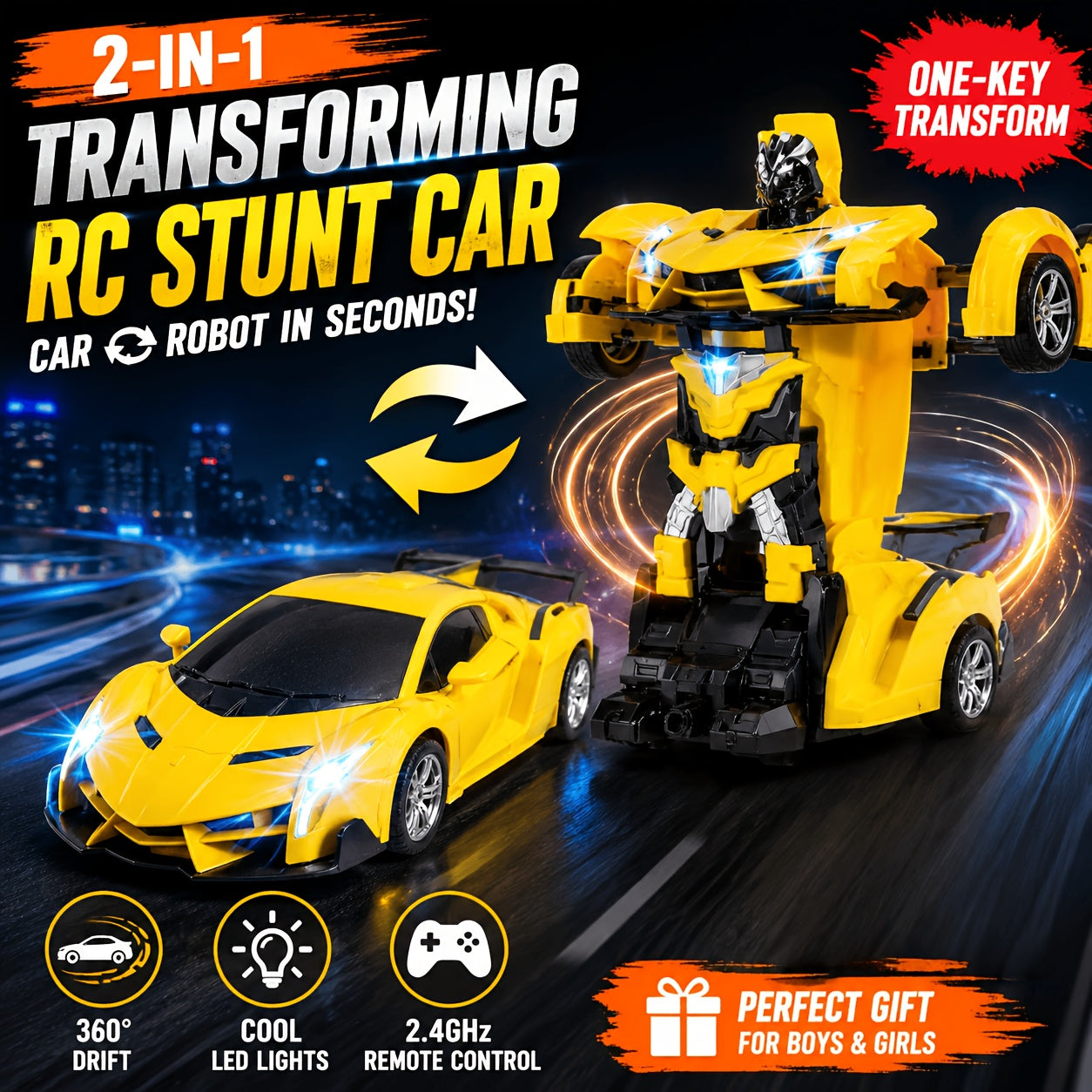 [Gift For Kids] Transforming RC Stunt Car, 360 Degree Drift Robot With Lights, Gift For Kids