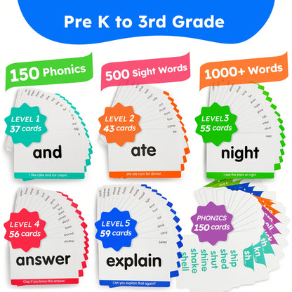 [Learning Toys for Kids] 500 Sight Words & 150 Phonics Flash Cards/1000+ Words, Learning Toys for Kids, Learn to Read CVC, Blends, Long Vowel Words Sounds, Dolch & Fry High Frequency Sight Words for Pre - Primer Kindergarten 1st 2nd 3rd Grade Kids Ages 3-