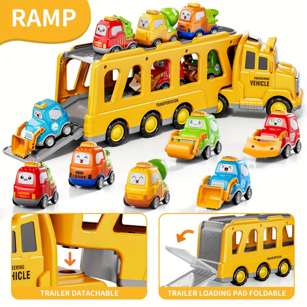 [Birthday Gift] Trucks Toys for Boys Kids, 16.9in Longer Transport Construction Truck with 6 Cars, Car Truck Toys with Lights & Sounds, Birthday Gift for Boys And Girls