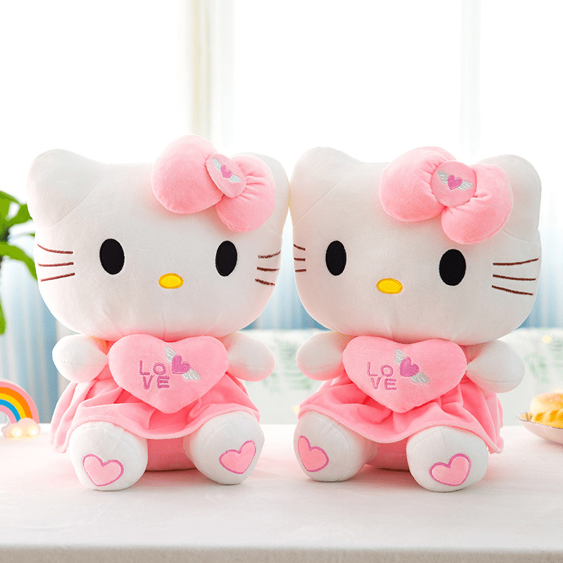 Licensed Sanrio Hello Kitty Plush Doll - Pink & White Kitten with Hugging Heart, Soft Cuddly KT Cat Toy, Officially Licensed Collectible Stuffed Animal, & s, Cute Gift (White Face & Pink Outfit)