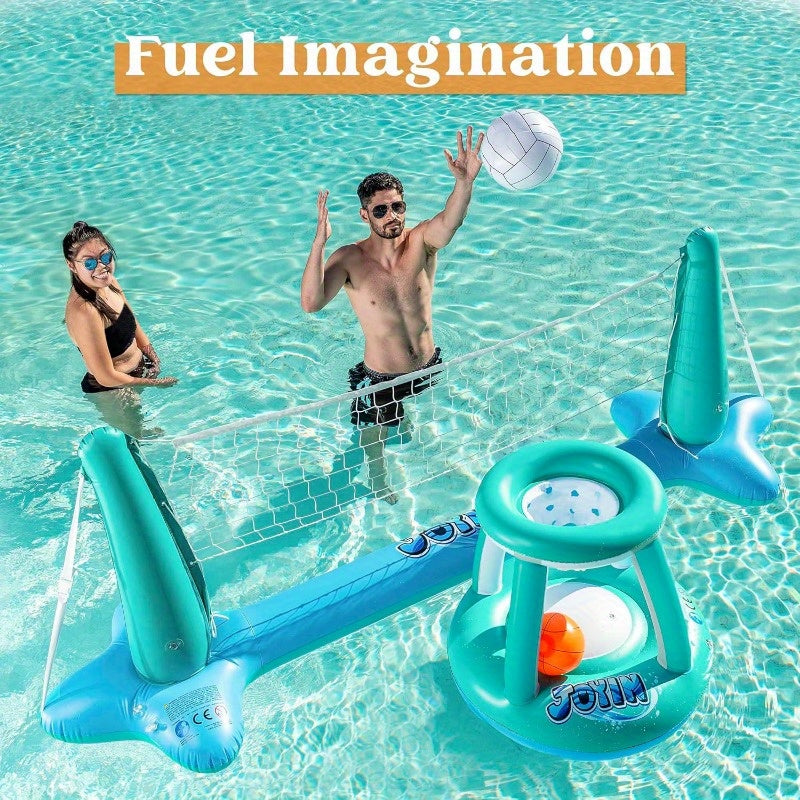 SYNCFUN Inflatable Pool Float Set Volleyball Net & Basketball Hoops, Floating Swimming Game Toy for Kids And Adults, Summer Floaties, Pool Party Games & Activities, Volleyball Court (105''x28''x35'') Basketball (27''x23''x27''), L-Blue