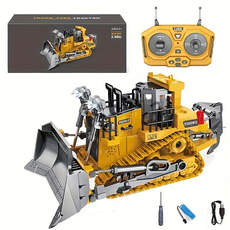 9-channel Remote Control Bulldozer, 2.4GHz RC Multifunctional Engineering Vehicle Toy, Preferred For Outdoor And Indoor Interactive Play With Alloy Metal Cover, Lightweight, Halloween, Thanksgiving, Christmas, Birthday, New Year Gifts