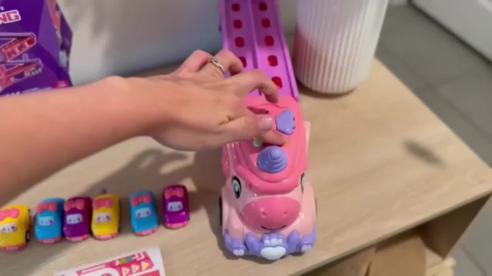 Pink Monster Toy Truck Track Set with 8 Princess Cars, Light Sound - Friction Power Car Toys with 2-Player Fold Out Track, Plastic Tracks for Girls & Boys 3+, Birthday/Holiday Gift Suitable